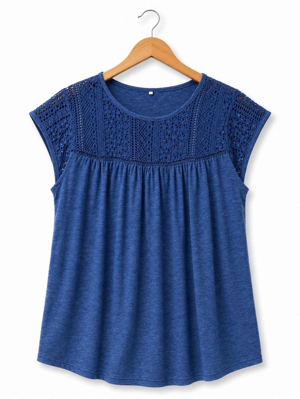 Blue Crochet Yoke Top Women’s XL Boho Lace Cap Sleeve Relaxed Fit
